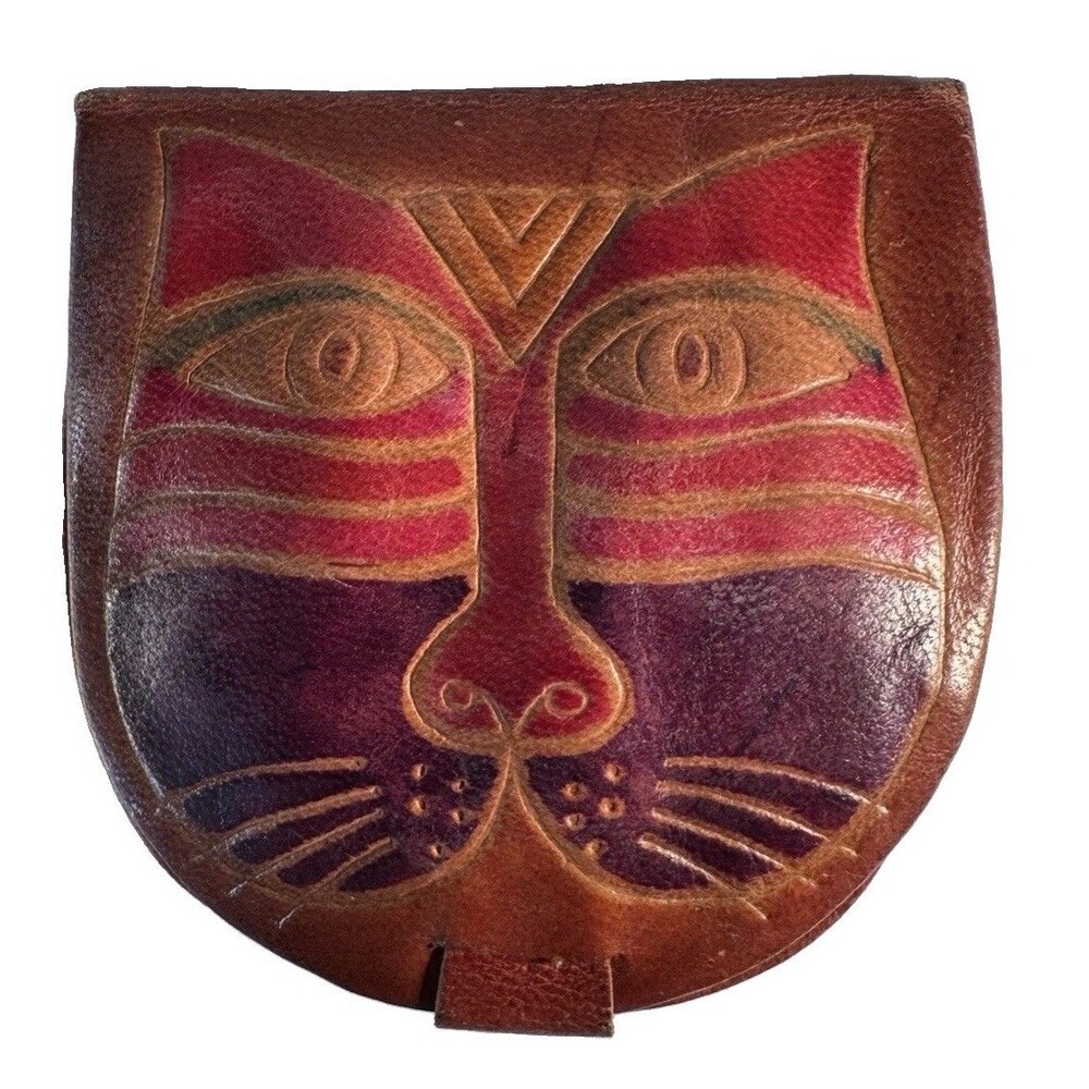 Vintage Hand Tooled Leather Cat Coin Purse Small Trinket Box Bohemian Boho